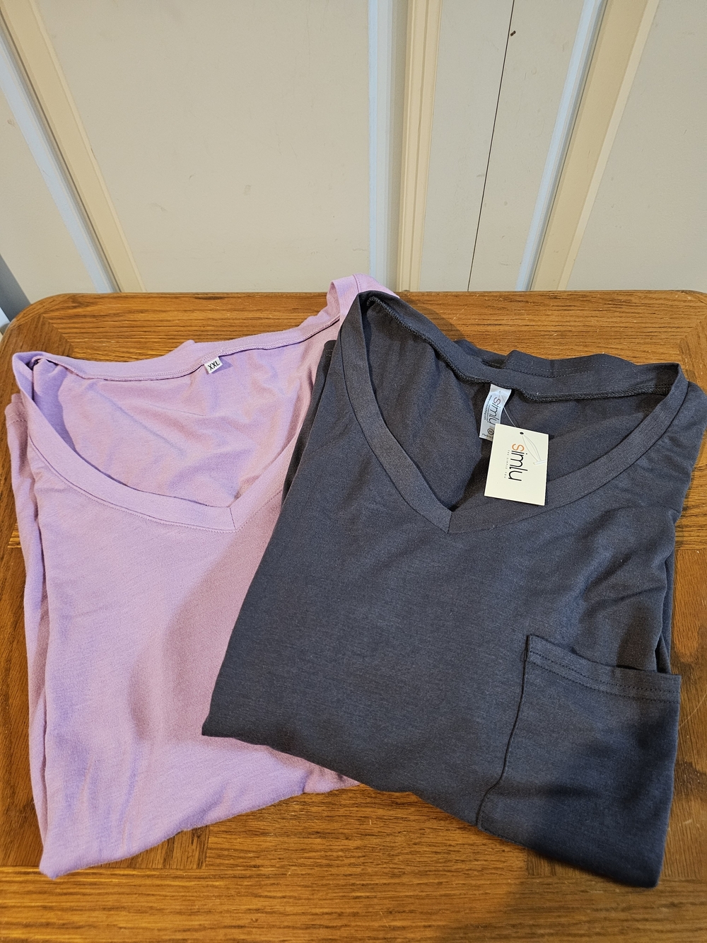 Simlu Charcoal V-Neck Tee NWT + Lilac V-Neck NWOT Tee Set 2 Xl